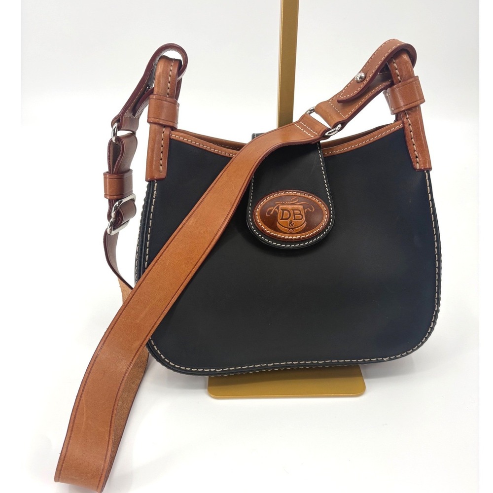 Dooney & Bourke Black Leather Saddle Crossbody‎ Bag Brown Trim Classic